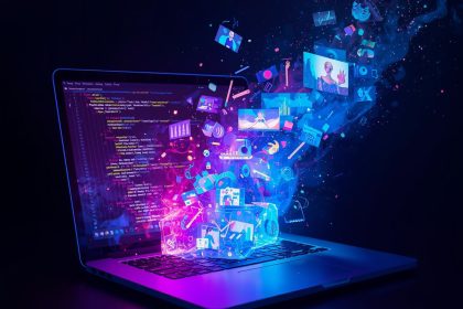 A marketer collaborating with an AI assistant generating text and visuals in real time, symbolizing the rise of generative AI in content creation.