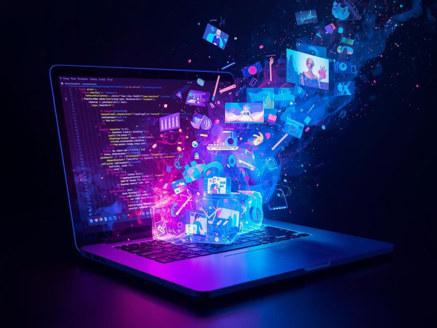 A marketer collaborating with an AI assistant generating text and visuals in real time, symbolizing the rise of generative AI in content creation.