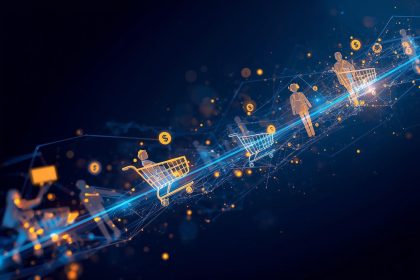 A marketer using AI-driven personalization tools to turn customer data into e-commerce sales, symbolizing smart growth powered by automation.