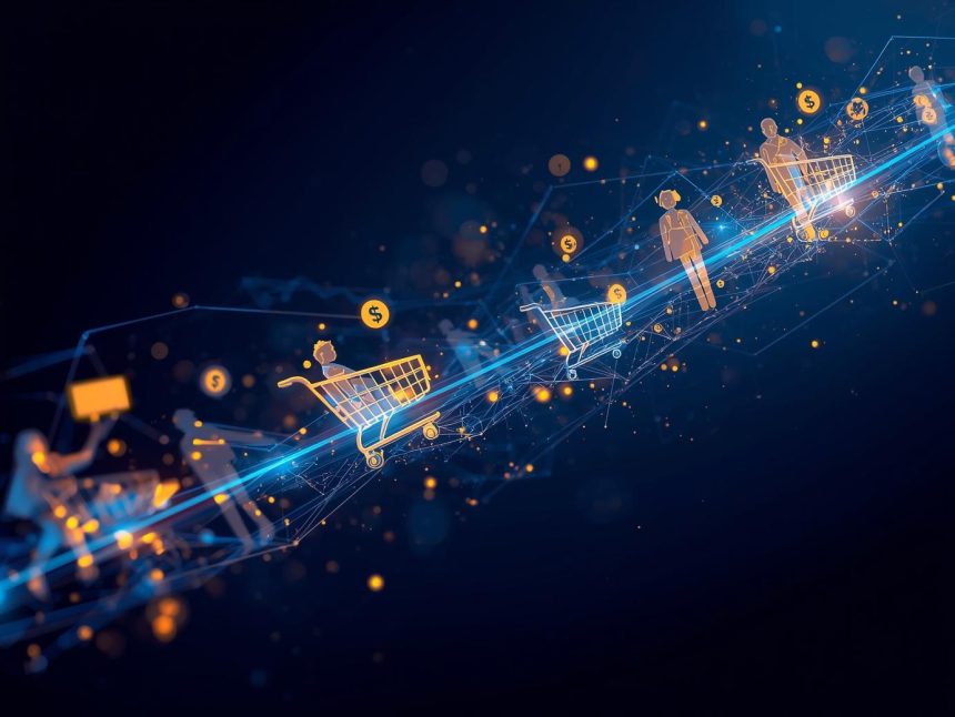 A marketer using AI-driven personalization tools to turn customer data into e-commerce sales, symbolizing smart growth powered by automation.