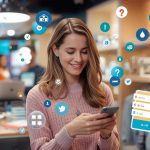 A happy customer earning digital points and unlocking rewards through a gamified loyalty program, symbolizing engagement and retention.