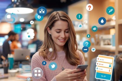 A happy customer earning digital points and unlocking rewards through a gamified loyalty program, symbolizing engagement and retention.