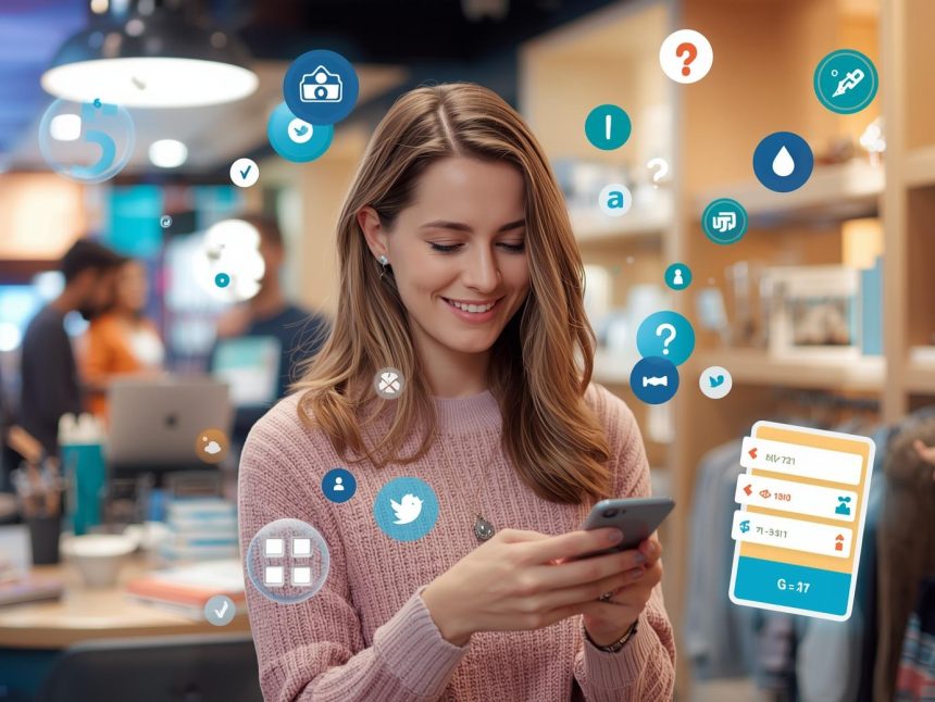 A happy customer earning digital points and unlocking rewards through a gamified loyalty program, symbolizing engagement and retention.