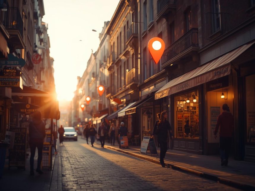 A local business using digital location-based marketing to attract nearby customers, symbolizing hyperlocal strategy success in 2025.