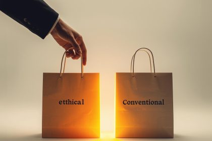 A group of Gen Z consumers engaging with ethical brands and activism-driven marketing on their smartphones, symbolizing conscious consumerism.