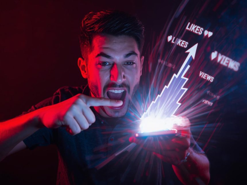 A digital creator pointing at a glowing smartphone screen showing viral engagement numbers, symbolizing the power of short-form video to drive attention and conversions.