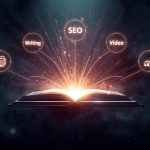 A confident marketer creating a how-to content flow on a glowing digital whiteboard labeled with conversion steps, symbolizing effective instructional marketing.