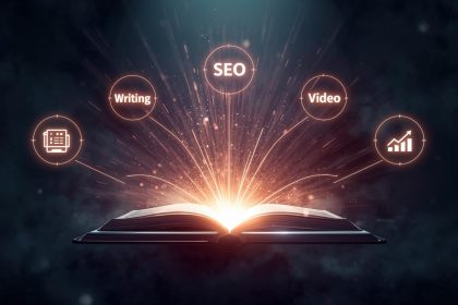 A confident marketer creating a how-to content flow on a glowing digital whiteboard labeled with conversion steps, symbolizing effective instructional marketing.