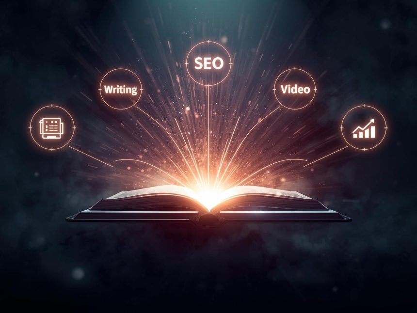 A confident marketer creating a how-to content flow on a glowing digital whiteboard labeled with conversion steps, symbolizing effective instructional marketing.