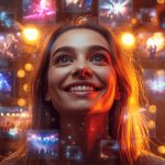 A customer immersed in a brand experience surrounded by glowing visuals, symbolizing emotional connection in the experience economy.