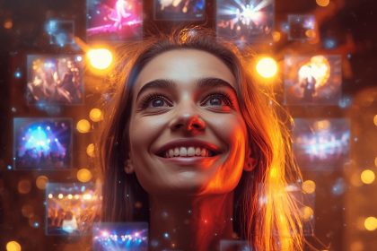 A customer immersed in a brand experience surrounded by glowing visuals, symbolizing emotional connection in the experience economy.