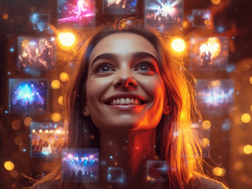 A customer immersed in a brand experience surrounded by glowing visuals, symbolizing emotional connection in the experience economy.