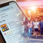 A local business highlighted on a glowing digital map with customer reviews and navigation arrows, symbolizing successful local SEO strategy in 2025.