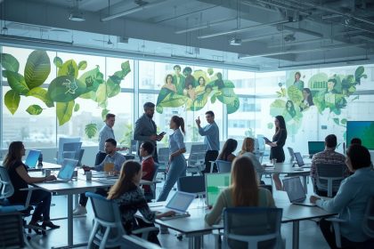 A marketing leader illuminated by glowing icons representing purpose, sustainability, and trust, symbolizing the rise of purpose-driven marketing.