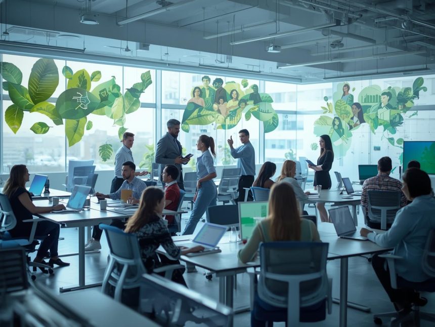 A marketing leader illuminated by glowing icons representing purpose, sustainability, and trust, symbolizing the rise of purpose-driven marketing.