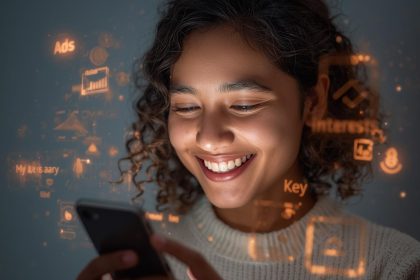 A smiling person viewing personalized digital content and recommendations on their phone, symbolizing the rise of human-centered marketing in the digital age.