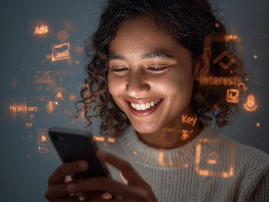 A smiling person viewing personalized digital content and recommendations on their phone, symbolizing the rise of human-centered marketing in the digital age.