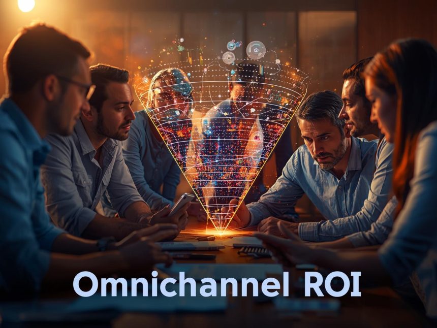 Marketer analyzing omnichannel analytics dashboard showing KPIs, attribution models, and cross-channel performance insights.