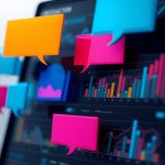 A marketer analyzing chatbot engagement data and metrics on a glowing dashboard, symbolizing success measurement in conversational marketing.