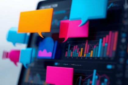 A marketer analyzing chatbot engagement data and metrics on a glowing dashboard, symbolizing success measurement in conversational marketing.