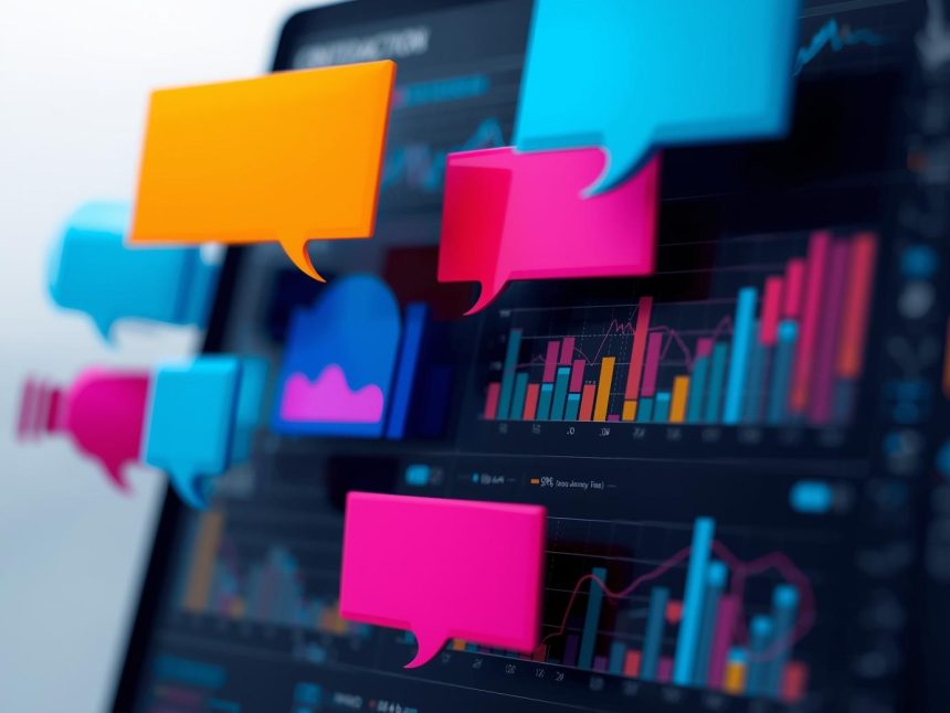 A marketer analyzing chatbot engagement data and metrics on a glowing dashboard, symbolizing success measurement in conversational marketing.