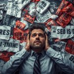 Split-screen image showing outdated content marketing tactics versus modern data-driven strategy, symbolizing the myths and realities shaping success in 2025.