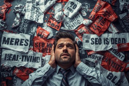 Split-screen image showing outdated content marketing tactics versus modern data-driven strategy, symbolizing the myths and realities shaping success in 2025.