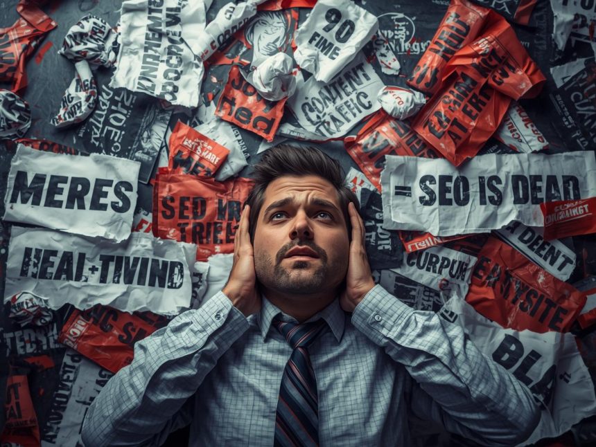 Split-screen image showing outdated content marketing tactics versus modern data-driven strategy, symbolizing the myths and realities shaping success in 2025.