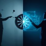 A marketer using predictive analytics dashboards to forecast campaign performance and eliminate guesswork, symbolizing data-driven marketing precision.