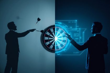 A marketer using predictive analytics dashboards to forecast campaign performance and eliminate guesswork, symbolizing data-driven marketing precision.