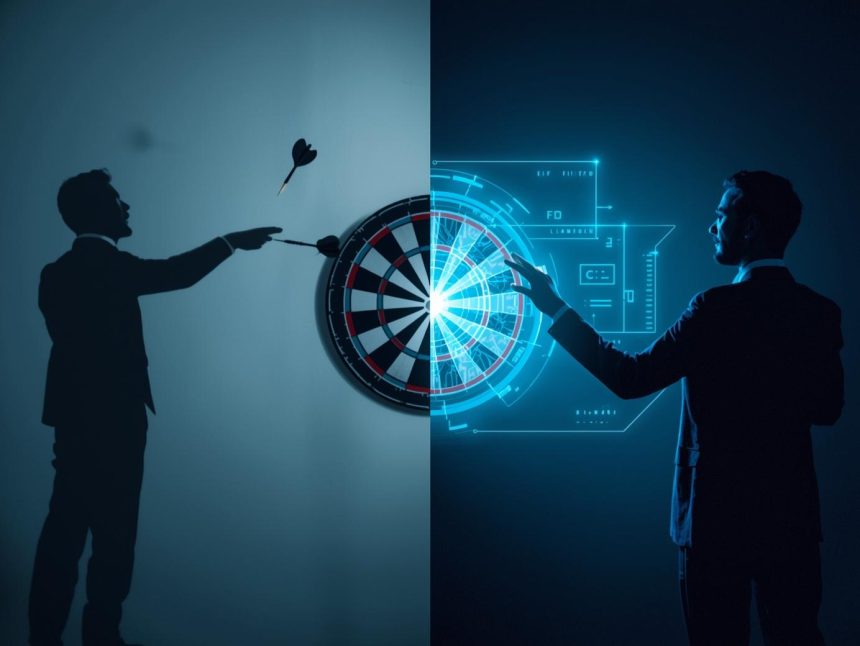 A marketer using predictive analytics dashboards to forecast campaign performance and eliminate guesswork, symbolizing data-driven marketing precision.