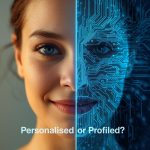 An AI-generated image showing a face split in half. The left side is a smiling human, and the right side is a cold, blue circuit board, representing the conflict between human personalisation and data profiling.