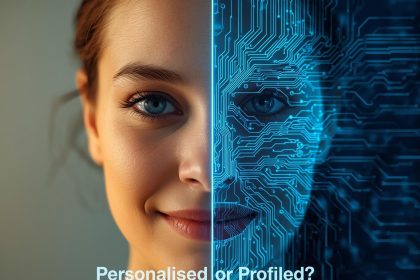 An AI-generated image showing a face split in half. The left side is a smiling human, and the right side is a cold, blue circuit board, representing the conflict between human personalisation and data profiling.
