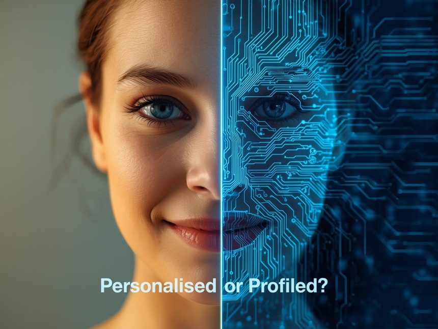 An AI-generated image showing a face split in half. The left side is a smiling human, and the right side is a cold, blue circuit board, representing the conflict between human personalisation and data profiling.