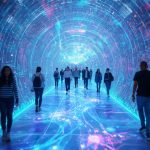 An AI-powered customer journey map showing personalized touchpoints and predictive insights guiding customers from awareness to conversion.