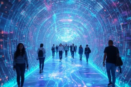 An AI-powered customer journey map showing personalized touchpoints and predictive insights guiding customers from awareness to conversion.