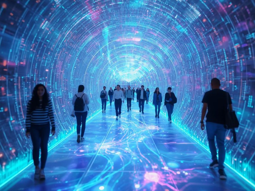 An AI-powered customer journey map showing personalized touchpoints and predictive insights guiding customers from awareness to conversion.