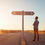 Two marketers face off across a digital chessboard labeled SEO and SEM, symbolizing the strategic competition between organic and paid marketing in 2025.
