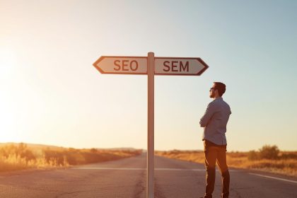 Two marketers face off across a digital chessboard labeled SEO and SEM, symbolizing the strategic competition between organic and paid marketing in 2025.