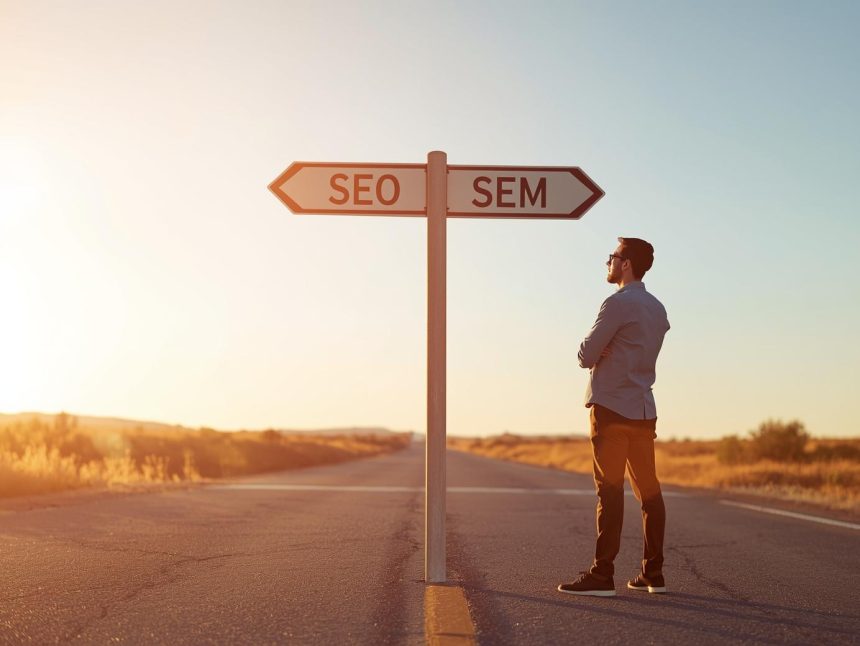 Two marketers face off across a digital chessboard labeled SEO and SEM, symbolizing the strategic competition between organic and paid marketing in 2025.