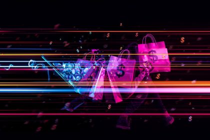 A shopper scrolls through their smartphone as social media icons transform into shopping bags, representing the seamless journey from browsing to buying in social commerce.