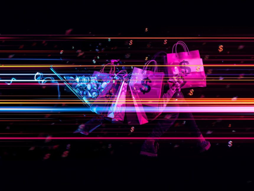 A shopper scrolls through their smartphone as social media icons transform into shopping bags, representing the seamless journey from browsing to buying in social commerce.