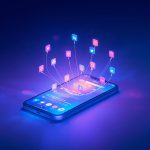 A half-human, half-robot face analyzing a glowing holographic social feed, symbolizing the rise of AI-powered social media marketing in 2025.