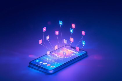 A half-human, half-robot face analyzing a glowing holographic social feed, symbolizing the rise of AI-powered social media marketing in 2025.