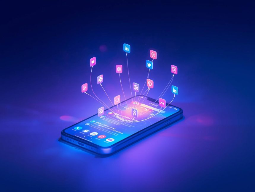 A half-human, half-robot face analyzing a glowing holographic social feed, symbolizing the rise of AI-powered social media marketing in 2025.