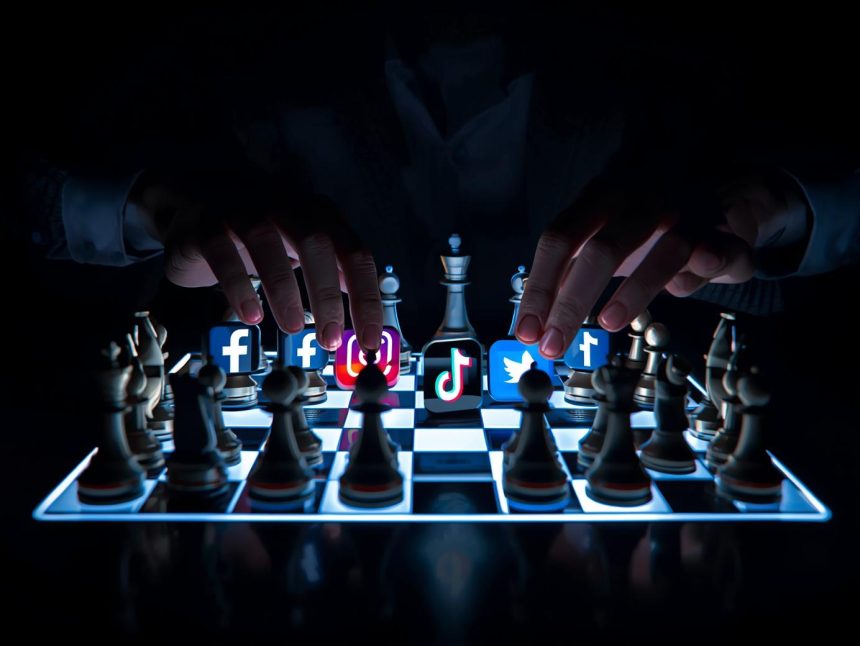 A marketer strategically moves chess pieces shaped like social media icons on a glowing digital chessboard, representing data-driven decision-making in 2025.
