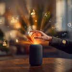 A person speaking to an AI chatbot or voice assistant while digital conversation bubbles and conversion icons appear, symbolizing conversational marketing powered by AI.