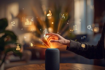 A person speaking to an AI chatbot or voice assistant while digital conversation bubbles and conversion icons appear, symbolizing conversational marketing powered by AI.