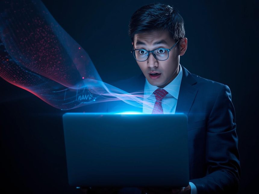 A marketer looks amazed at a laptop as holographic data shapes an email greeting, symbolizing AI-powered CRM personalisation in 2025.