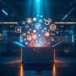 A glowing digital toolbox filled with marketing icons and AI tools, symbolizing the essential resources every content marketer needs to succeed in 2025.